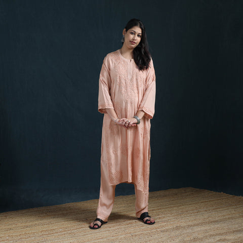 Peach - Hand Embroidered Muslin Chikankari Kurta with Pant Set for Women 23