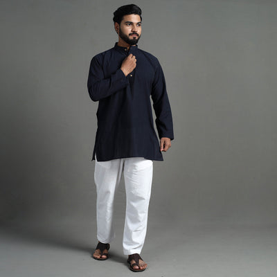 Blue - Plain Handloom Cotton Men Short Kurta