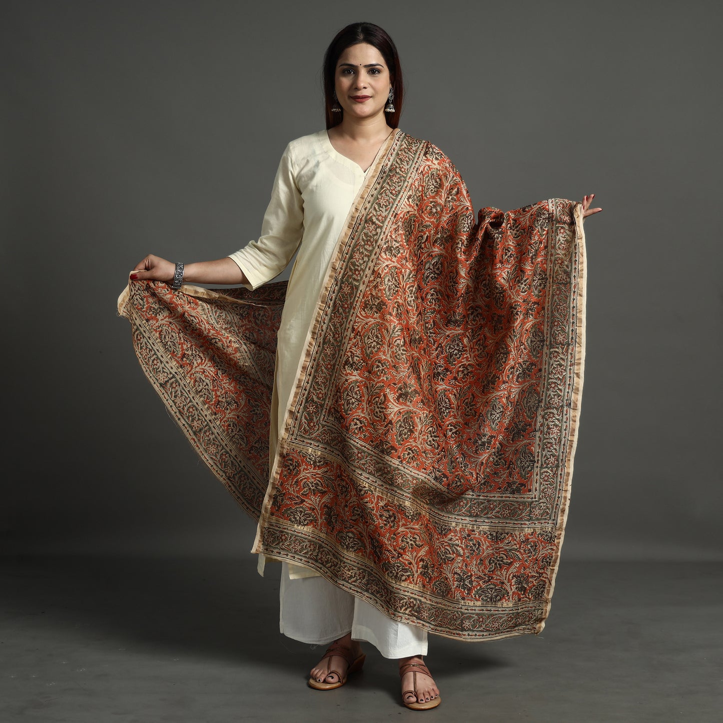 Multicolor - Pedana Kalamkari Block Printed Chanderi Silk Handloom Dupatta with Zari Border 77