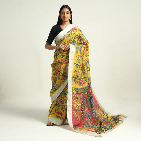 Srikalahasti Kalamkari Pen Work Mangalagiri Silk Saree with Zari Border