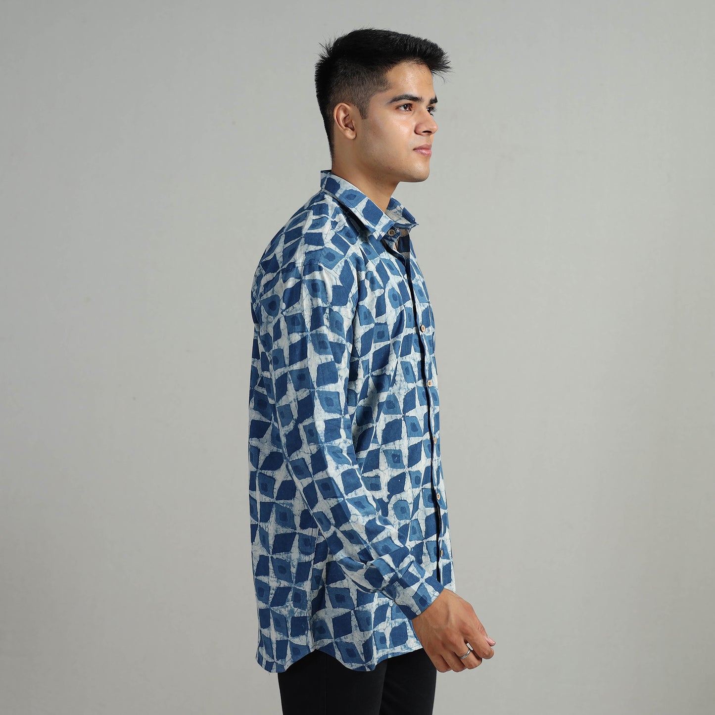 Blue - Indigo Block Printed Cotton Men Full Sleeve Shirt 16