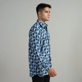 Blue - Indigo Block Printed Cotton Men Full Sleeve Shirt 16