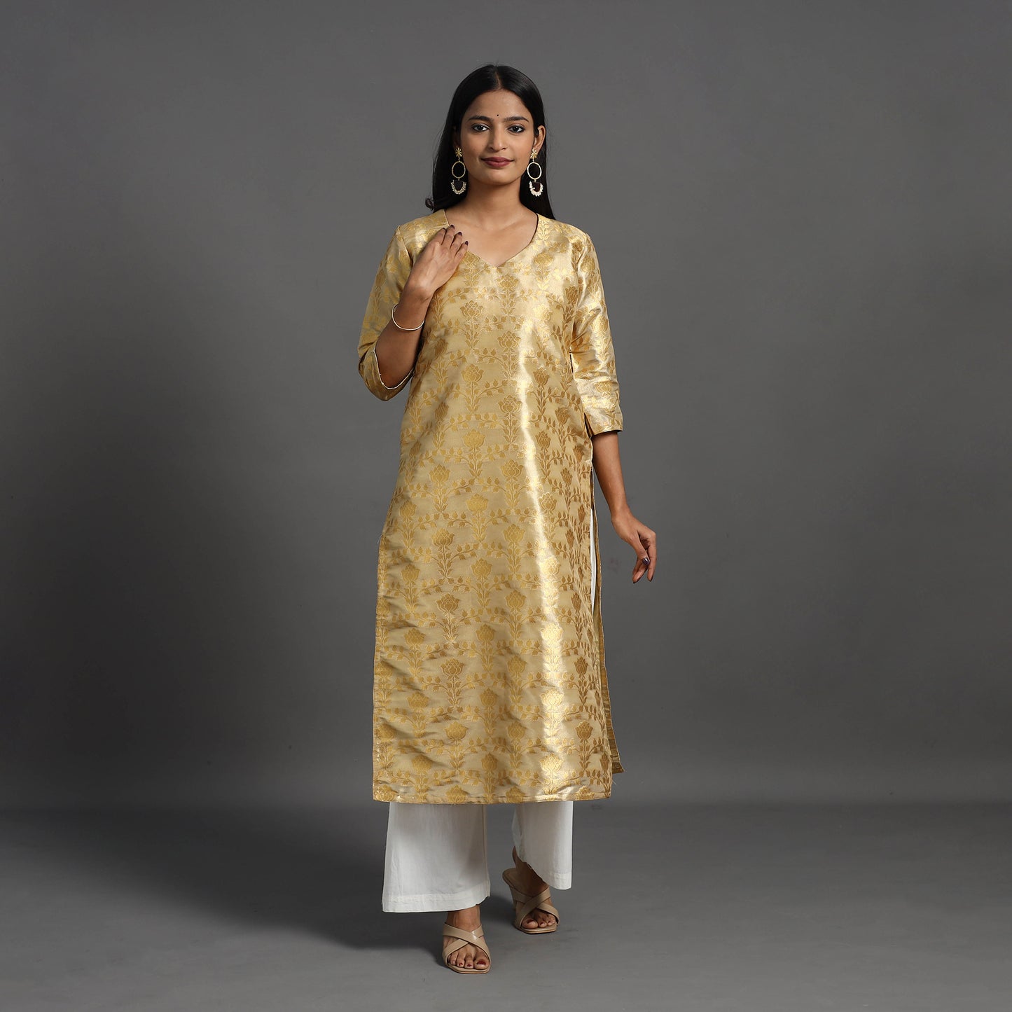 Beige - Cutwork Tissue Zari Jaal Banarasi Silk Kurta 05