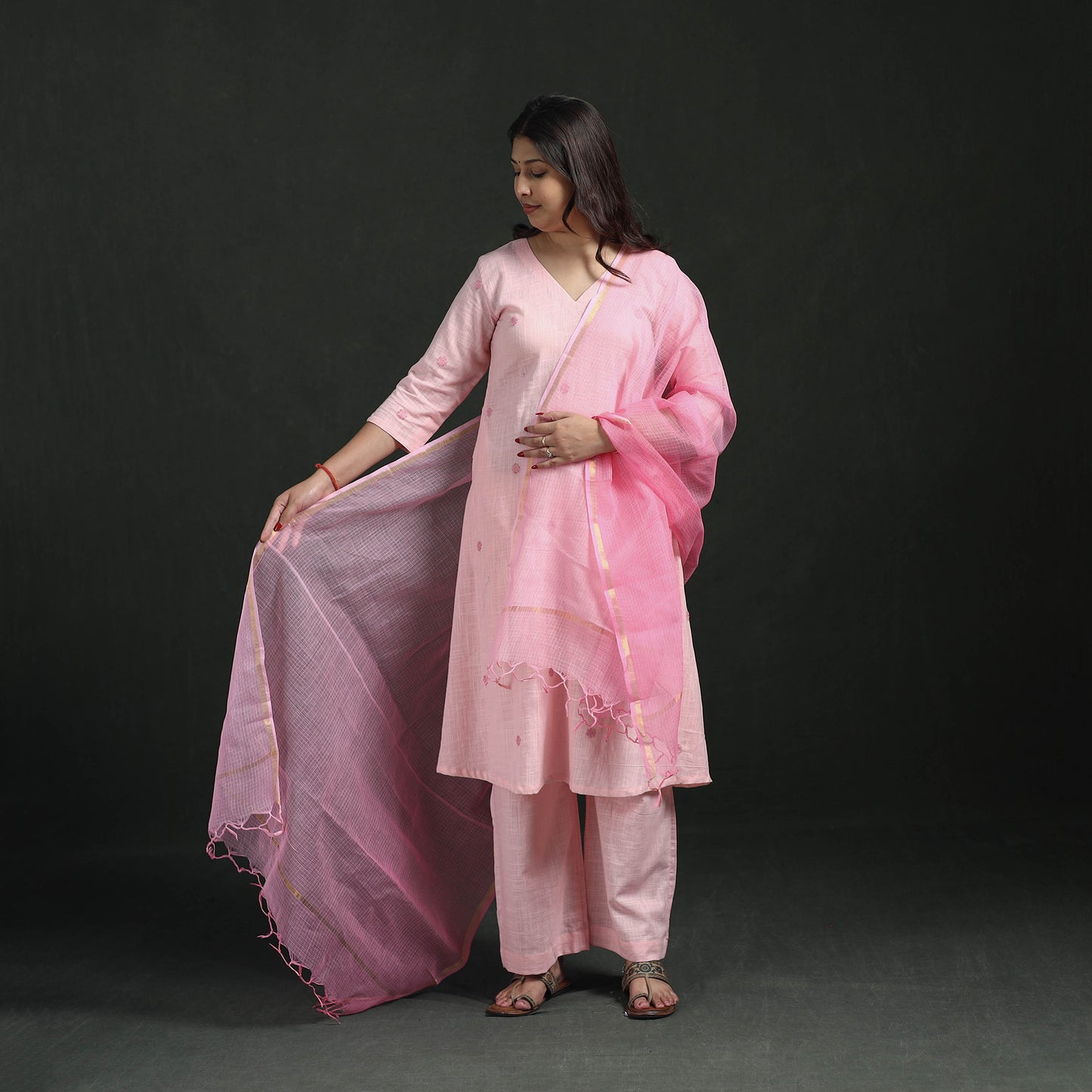 Plain Slub Cotton Hand Embroidered Suit Set with Dupatta for women 07