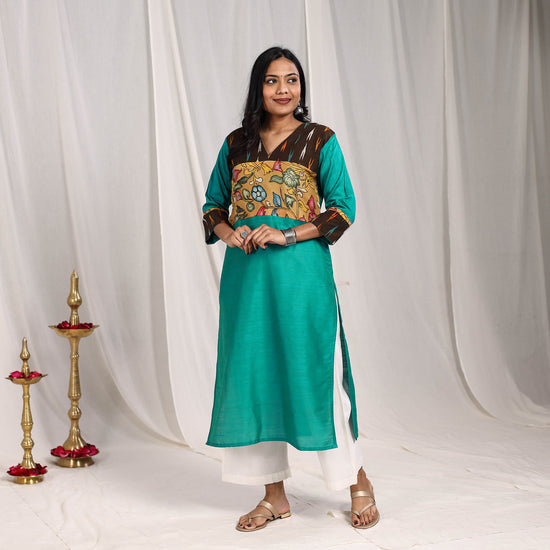 Green - Haniya Slub Silk Straight Plain Kurta with Patchwork