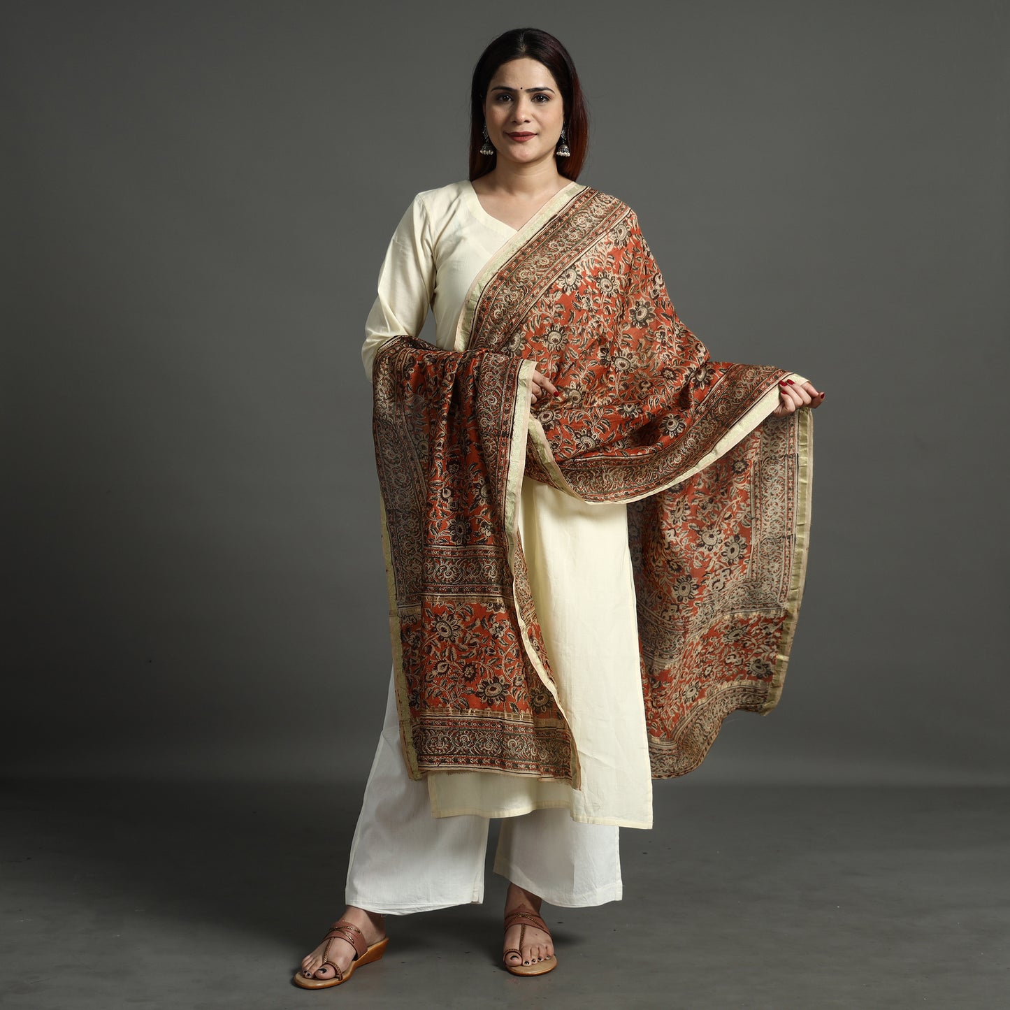 Multicolor - Pedana Kalamkari Block Printed Chanderi Silk Handloom Dupatta with Zari Border 78