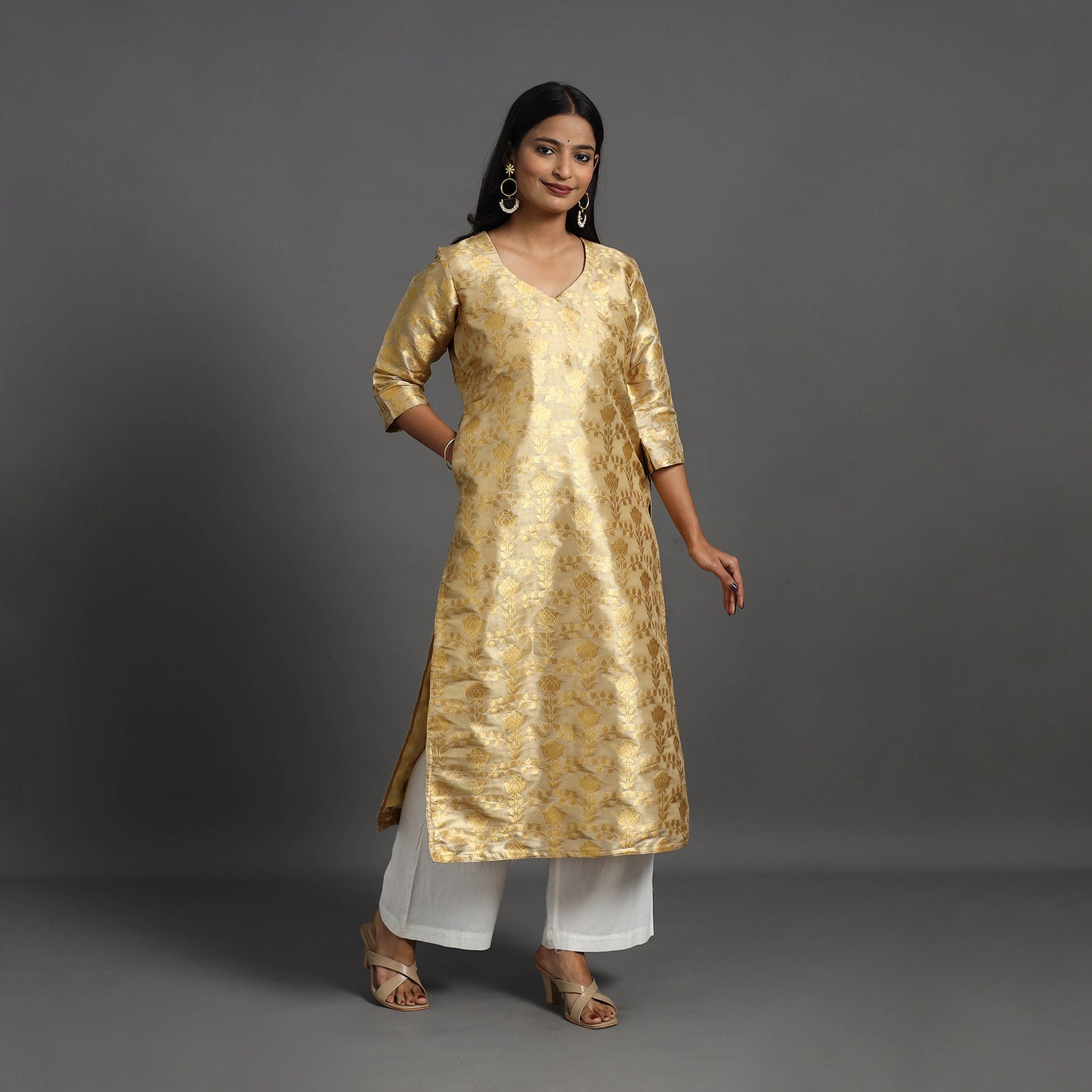 Beige - Cutwork Tissue Zari Jaal Banarasi Silk Kurta 05