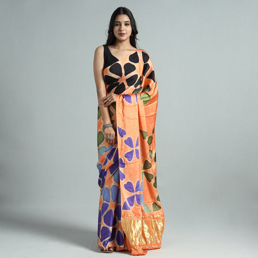 Orange - Shibori Clamp Dyed Modal Silk Saree with Zari Border 02