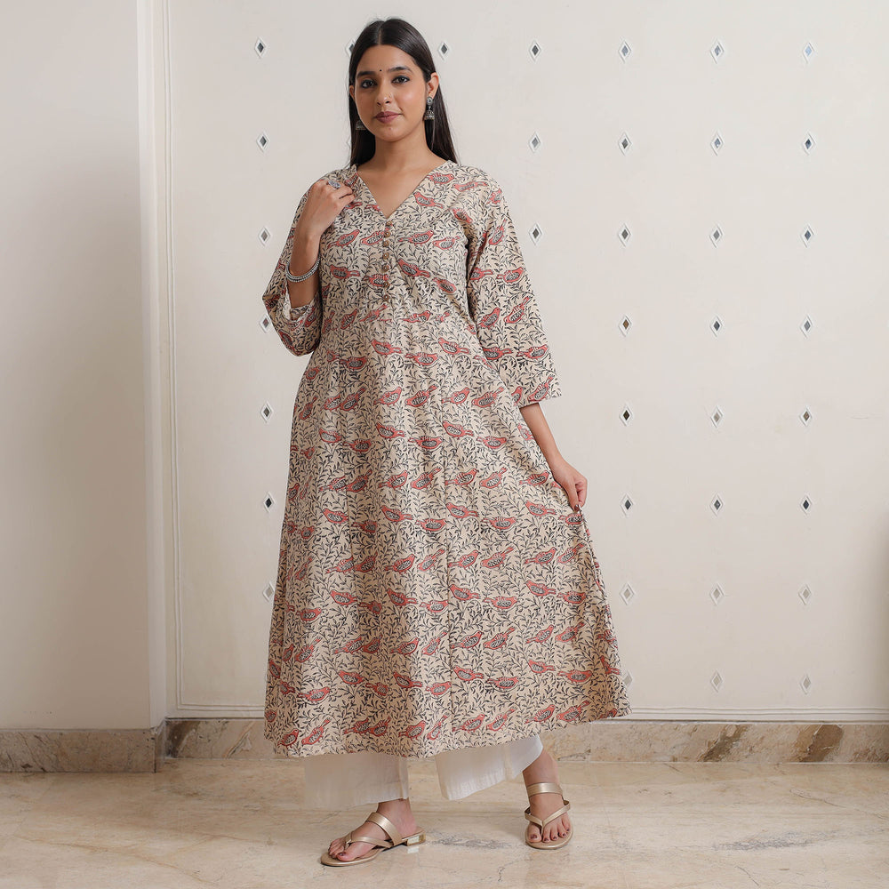 Beige - Pedana Kalamkari Block Printed Cotton A-Line Kurta 04