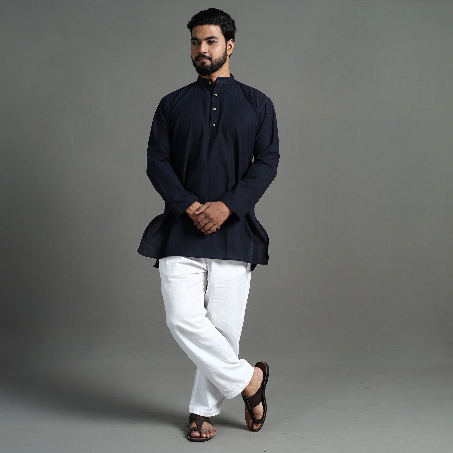 Blue - Plain Handloom Cotton Men Short Kurta