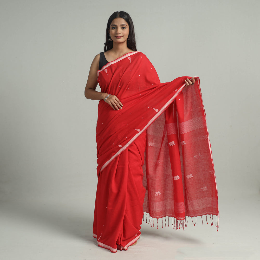 Red - Handloom Cotton Phulia Jamdani Saree with Tassels 15