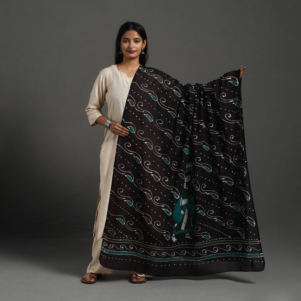  Black Cotton Hand Batik Print Dupatta