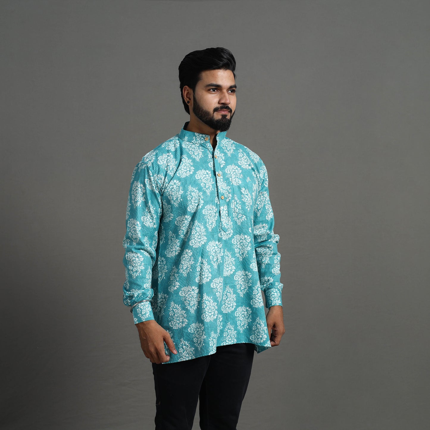 Kantha Stitch Cotton Short Sanganeri Kurta for Men 03