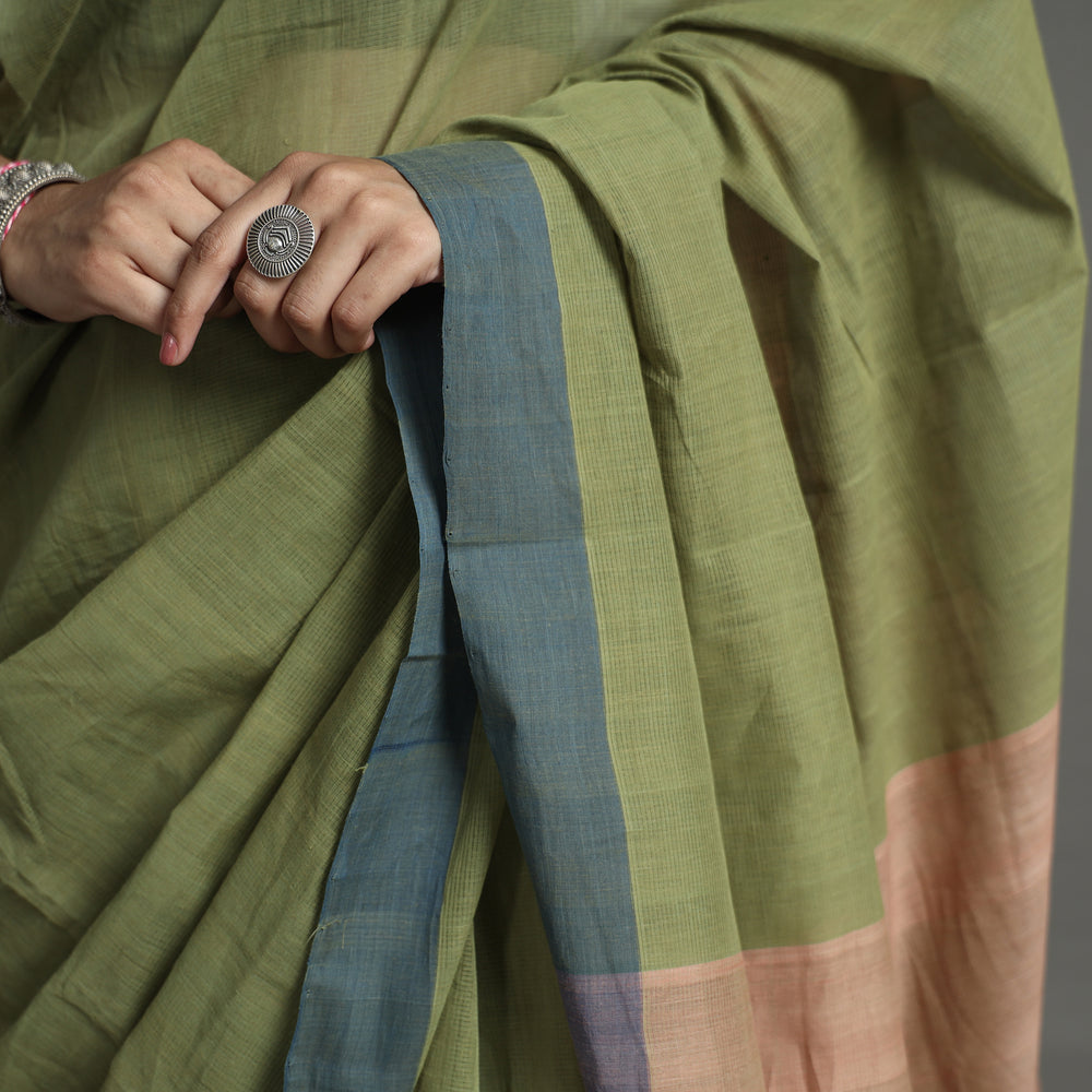 Green - Pure Handloom Natural Dyed Missing Plain Cotton Saree 13