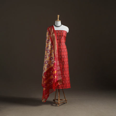 Red - Pochampally Ikat Handloom Sico Unstitched Dress Material: Kurta with Mulberry Silk Dupatta 39