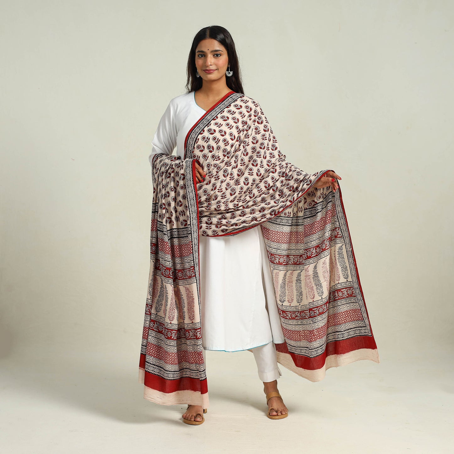 Beige - Hand Block Print Cotton Bagh Dupatta 10