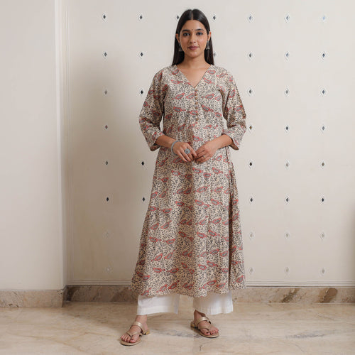 Beige - Pedana Kalamkari Block Printed Cotton A-Line Kurta 04