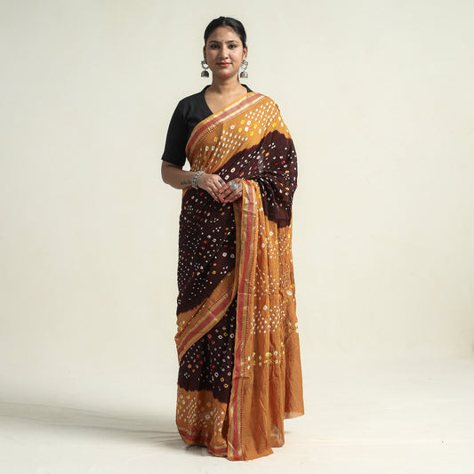 Yellow - Kutch Bandhani Tie-Dye Cotton Saree with Blouse Piece