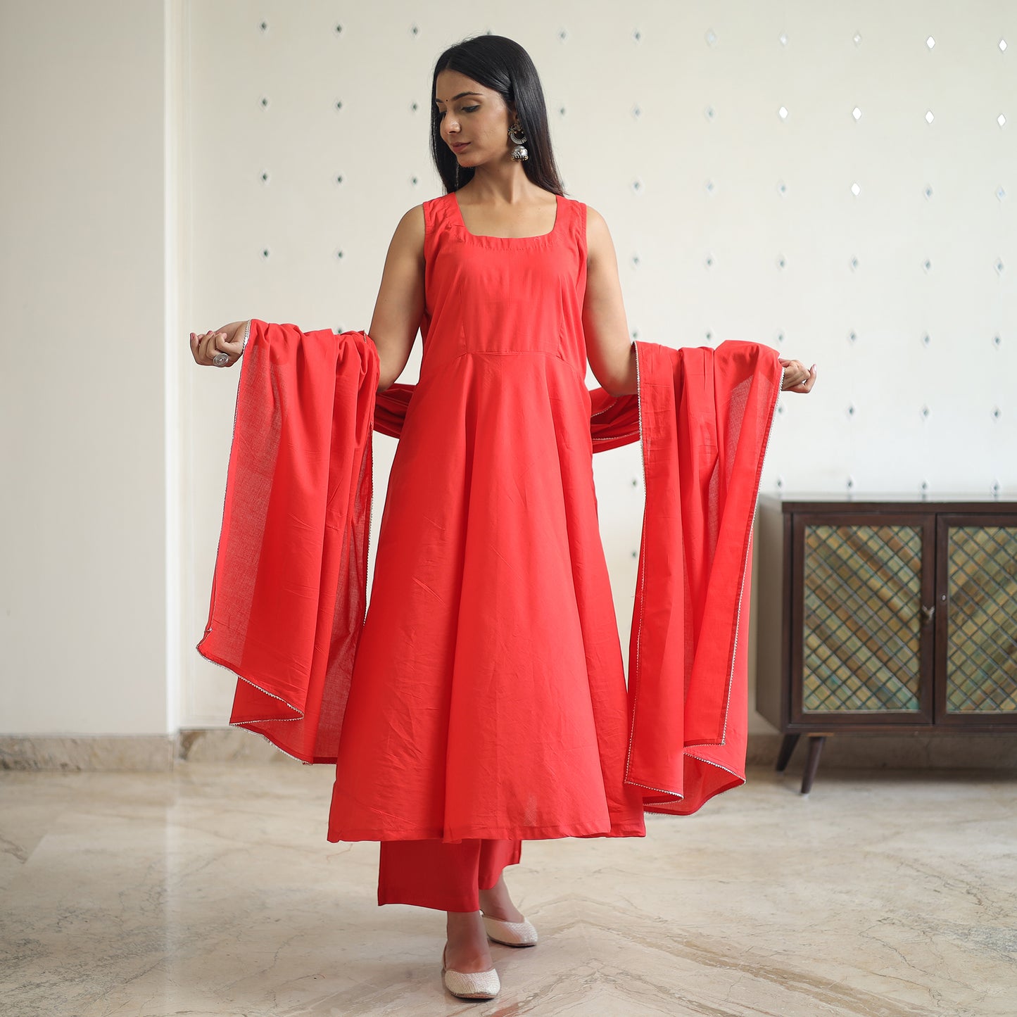 Nithya Red Cotton Flared Kurta with Palazzo & Dupatta Set