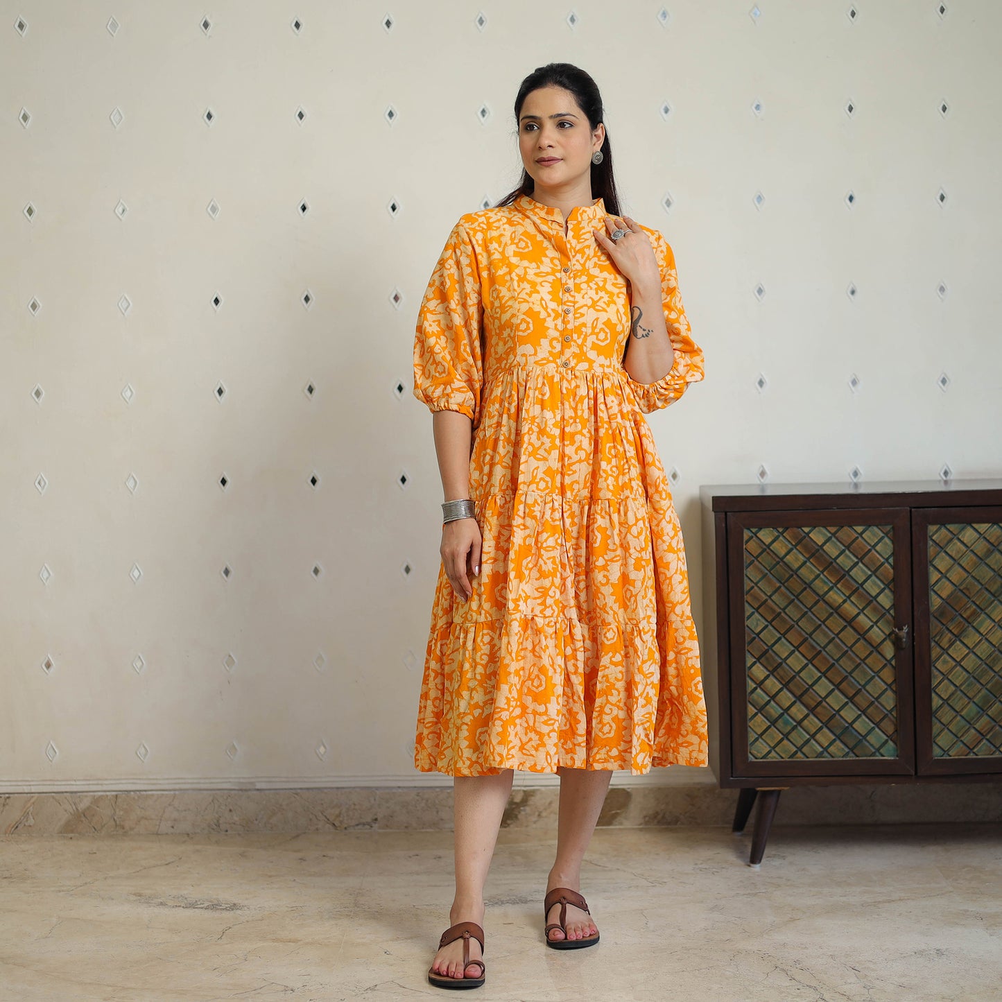 Orange - Pure Cotton Tiered Batik Print Dress 08