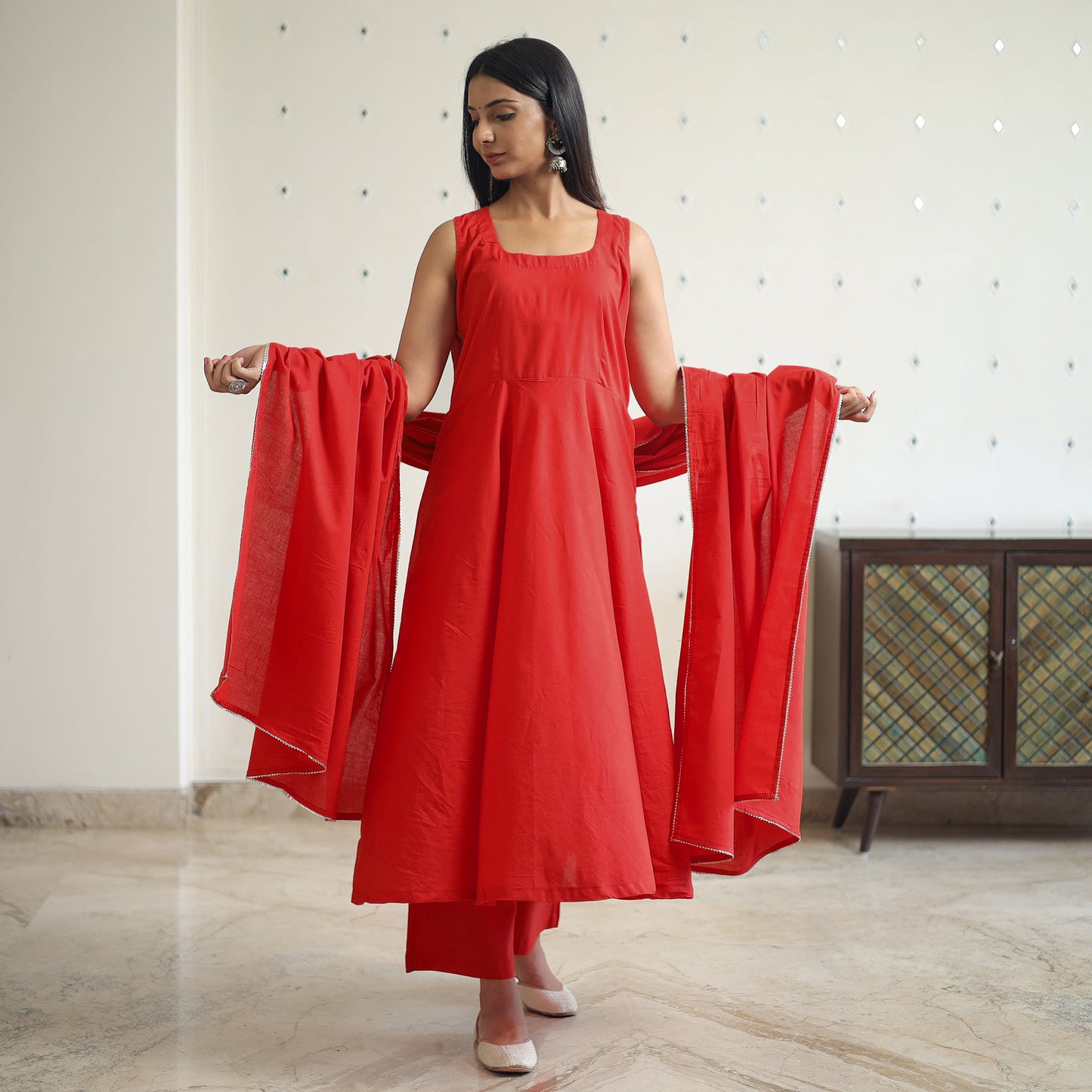 Nithya Red Cotton Flared Kurta with Palazzo & Dupatta Set