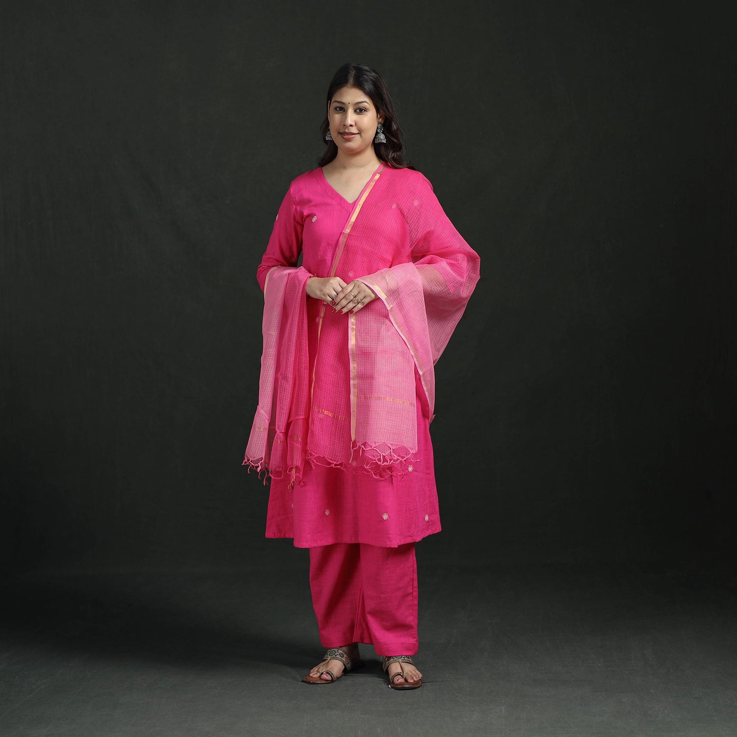 Plain Slub Cotton Hand Embroidered Suit Set with Dupatta for women 08