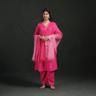 Plain Slub Cotton Hand Embroidered Suit Set with Dupatta for women 08