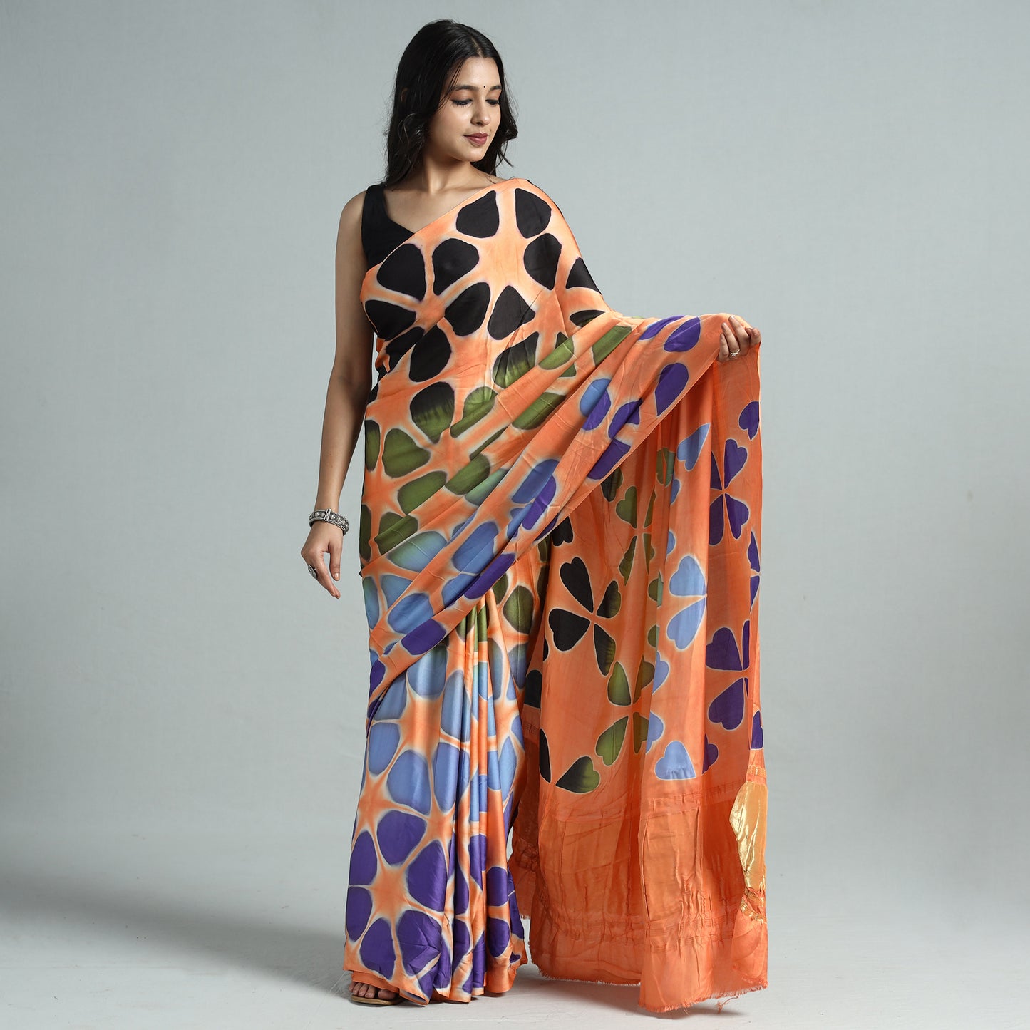 Orange - Shibori Clamp Dyed Modal Silk Saree with Zari Border 02