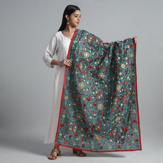 Black - Ranihati Chanderi Silk Chapa Work Phulkari Embroidered Dupatta 22