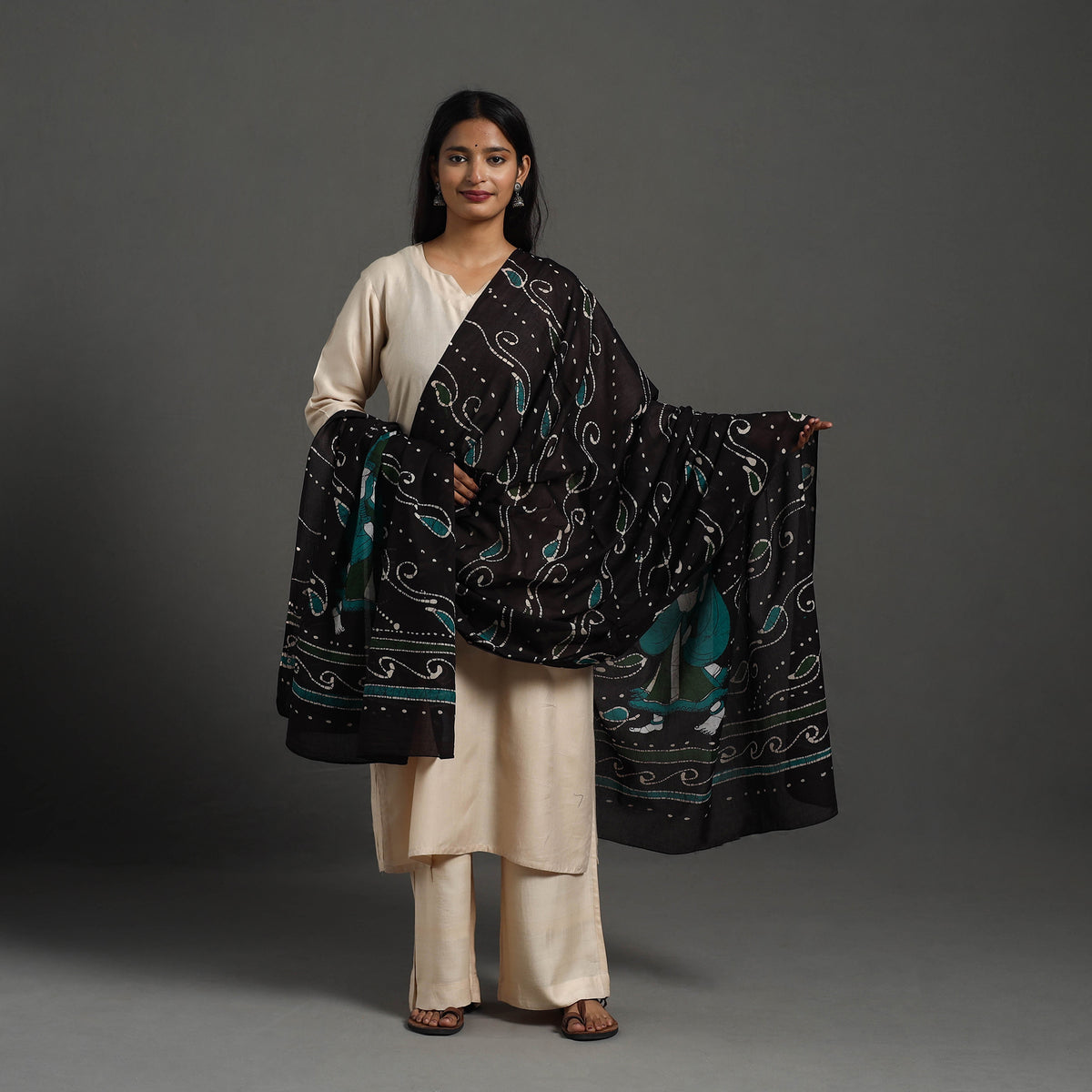  Black Cotton Hand Batik Print Dupatta