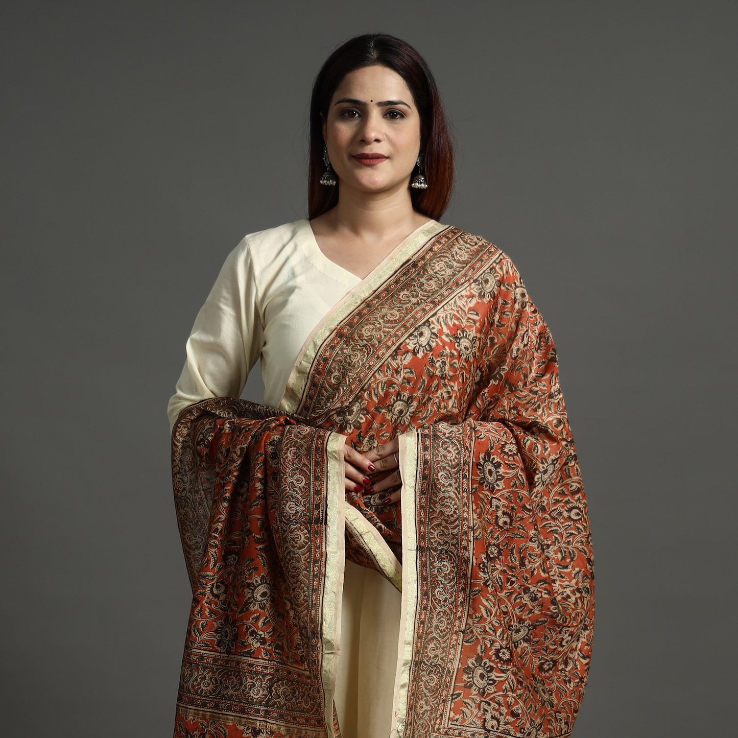 Multicolor - Pedana Kalamkari Block Printed Chanderi Silk Handloom Dupatta with Zari Border 78