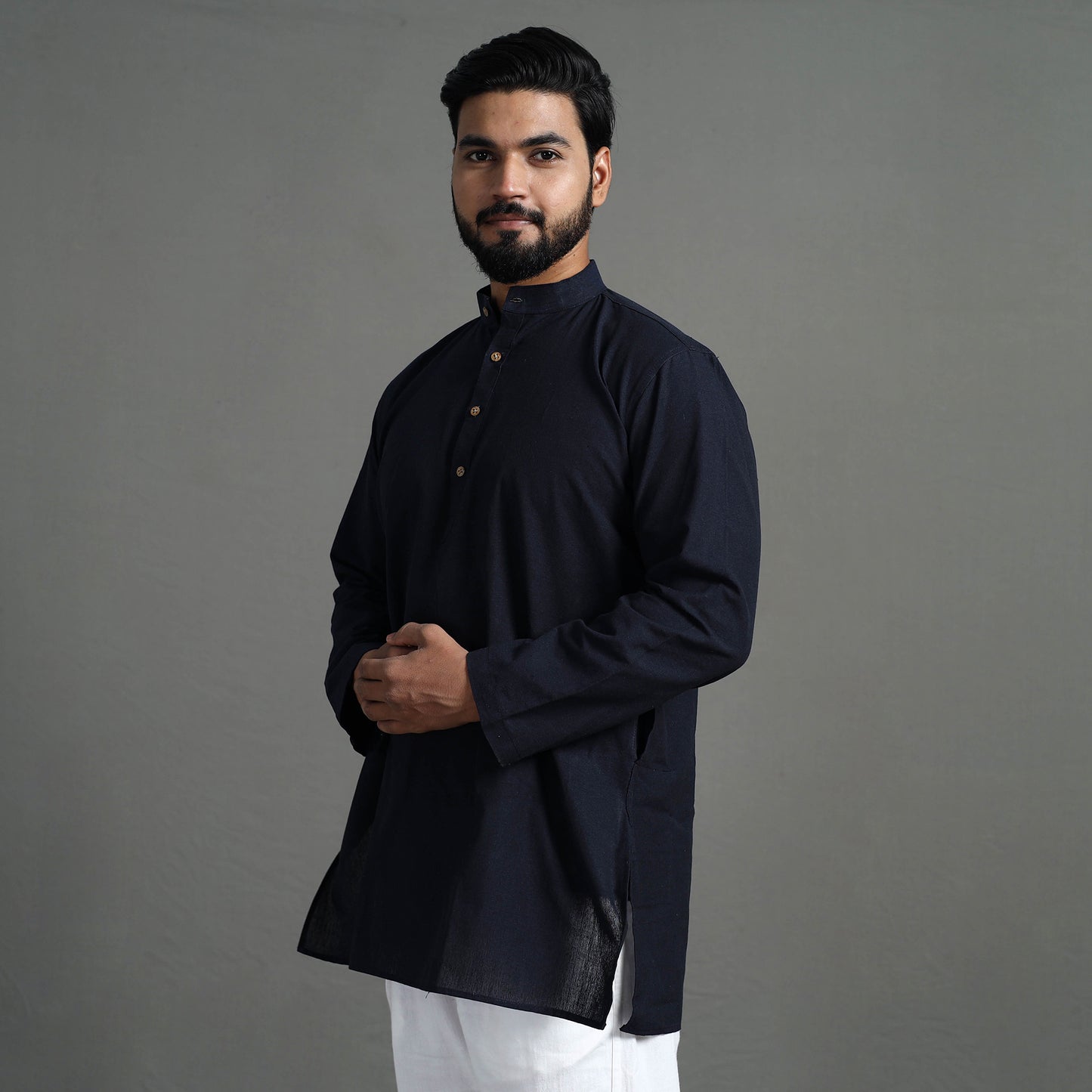 Blue - Plain Handloom Cotton Men Short Kurta