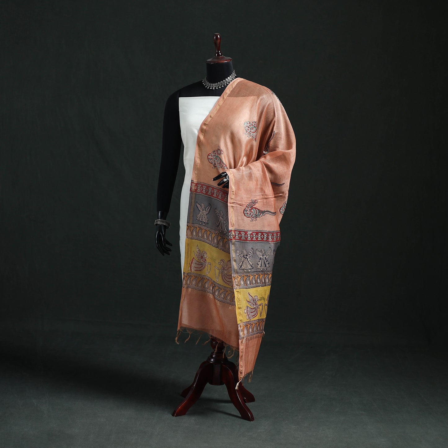 Peach - Mata Ni Pachedi Handpainted Natural Dyed Chanderi Silk Handloom Dupatta 12