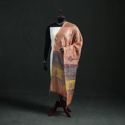 Peach - Mata Ni Pachedi Handpainted Natural Dyed Chanderi Silk Handloom Dupatta 12