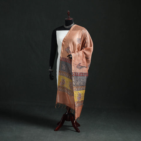 Peach - Mata Ni Pachedi Handpainted Natural Dyed Chanderi Silk Handloom Dupatta 12