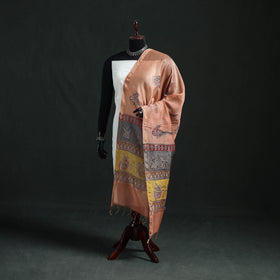 Peach - Mata Ni Pachedi Handpainted Natural Dyed Chanderi Silk Handloom Dupatta 12