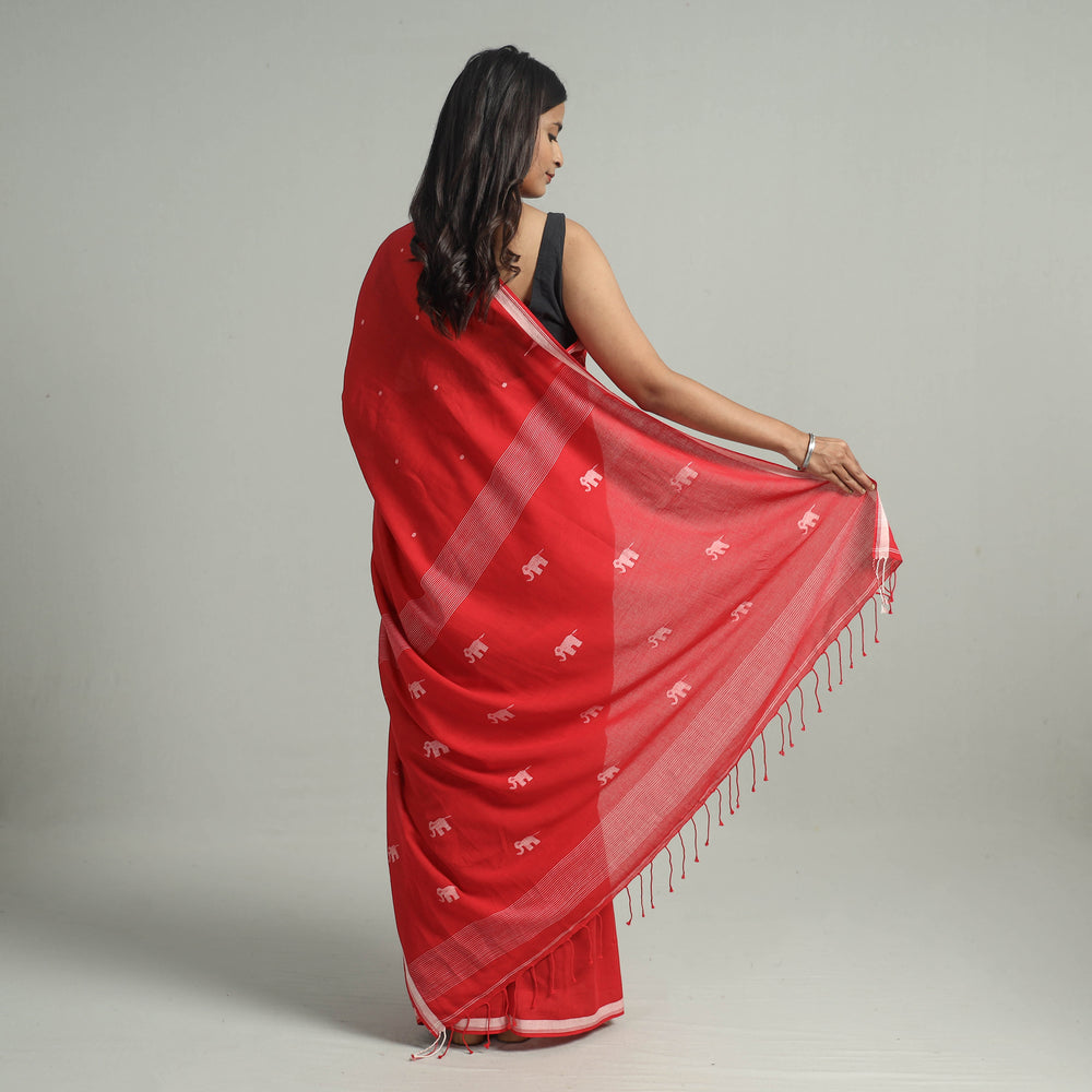 Red - Handloom Cotton Phulia Jamdani Saree with Tassels 15