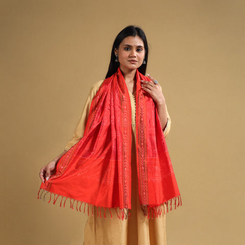 Red - Handloom Mulberry Silk Pochampally Ikat Stole 09