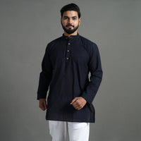 Blue - Plain Handloom Cotton Men Short Kurta