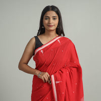 Red - Handloom Cotton Phulia Jamdani Saree with Tassels 15