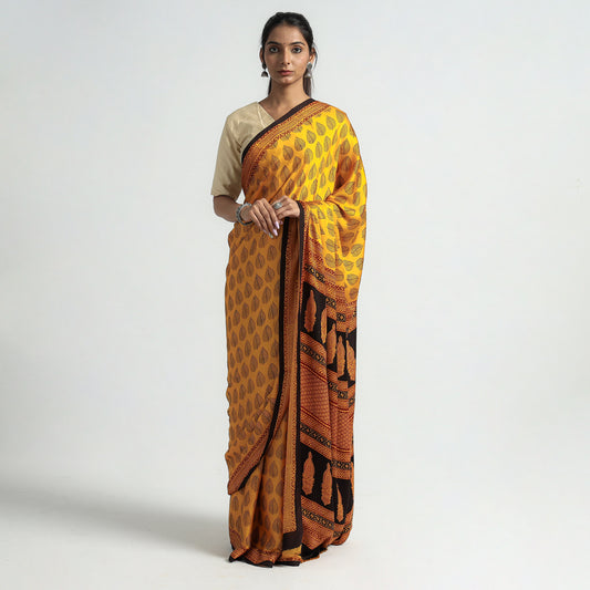 Yellow - Bagh Hand Block Printed Modal Silk Saree