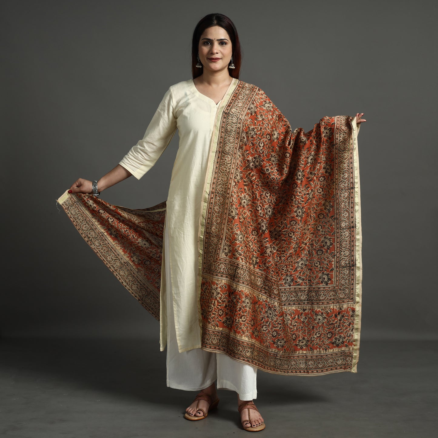 Multicolor - Pedana Kalamkari Block Printed Chanderi Silk Handloom Dupatta with Zari Border 78