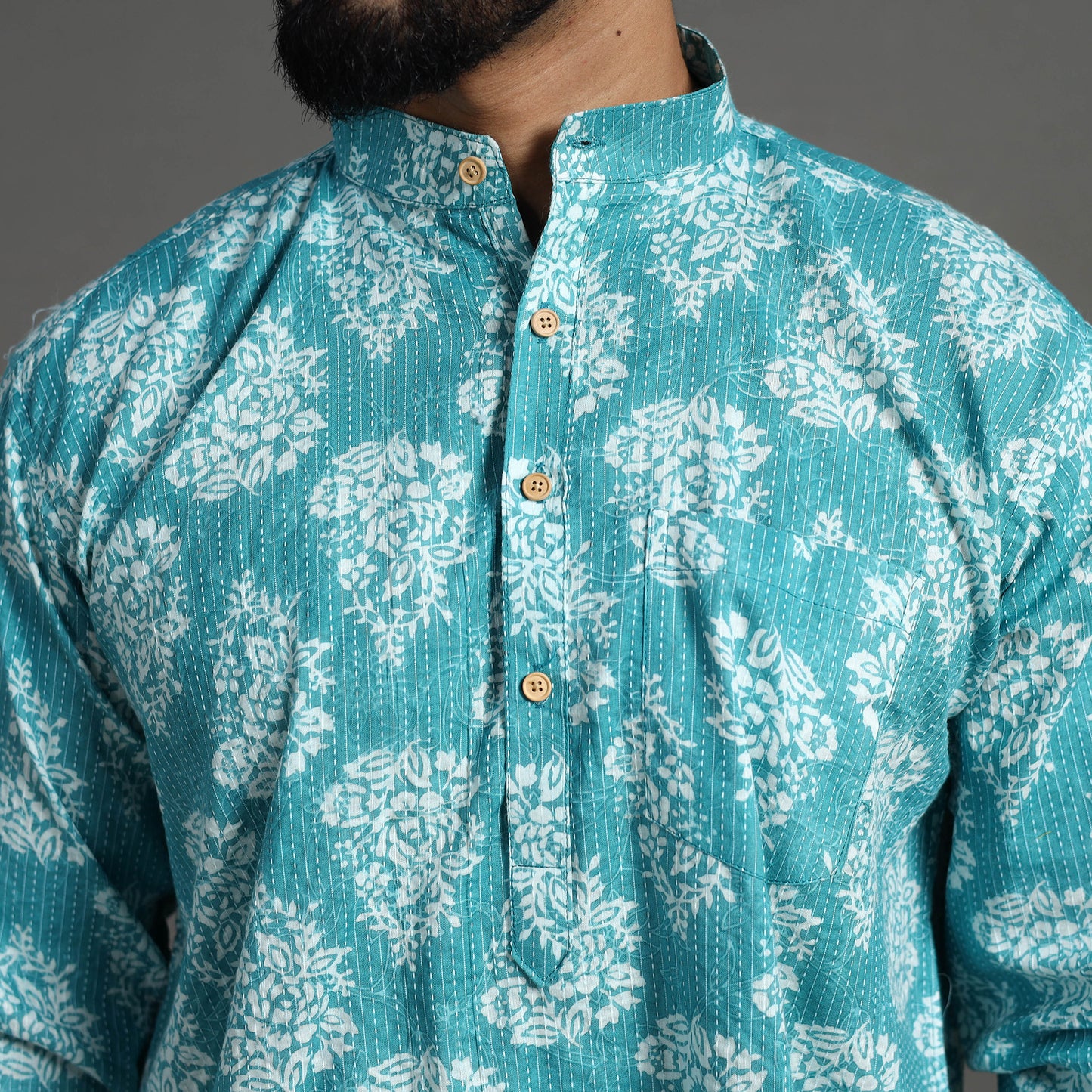 Kantha Stitch Cotton Short Sanganeri Kurta for Men 03