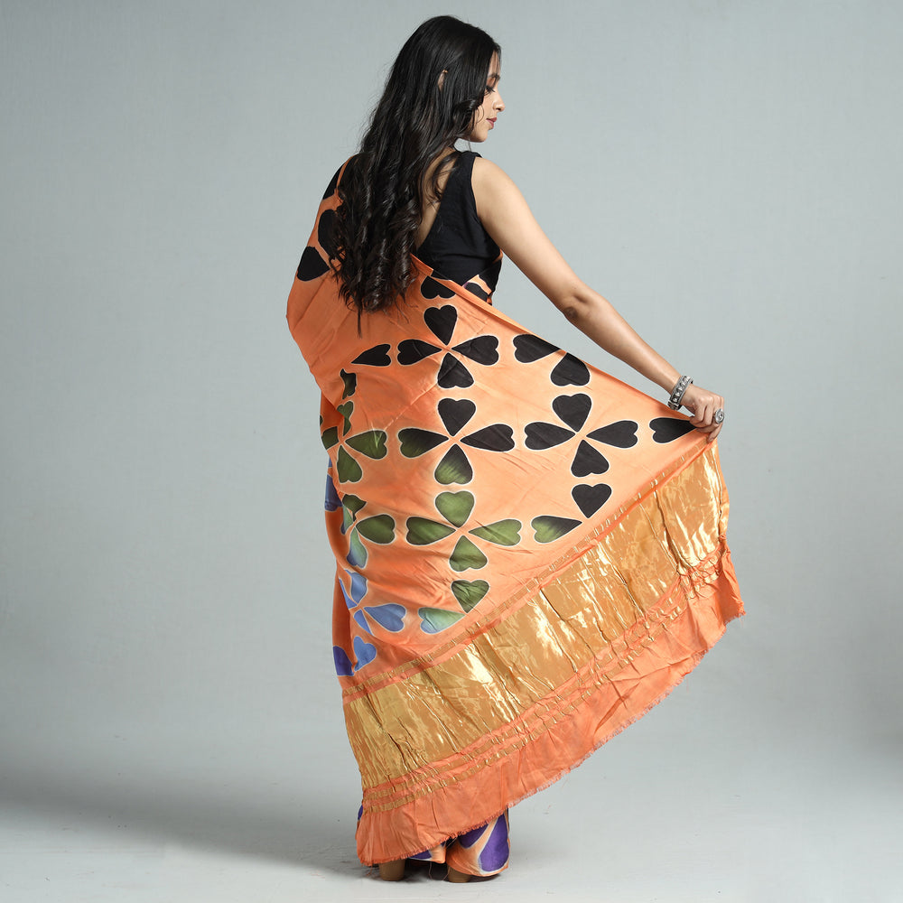 Orange - Shibori Clamp Dyed Modal Silk Saree with Zari Border 02