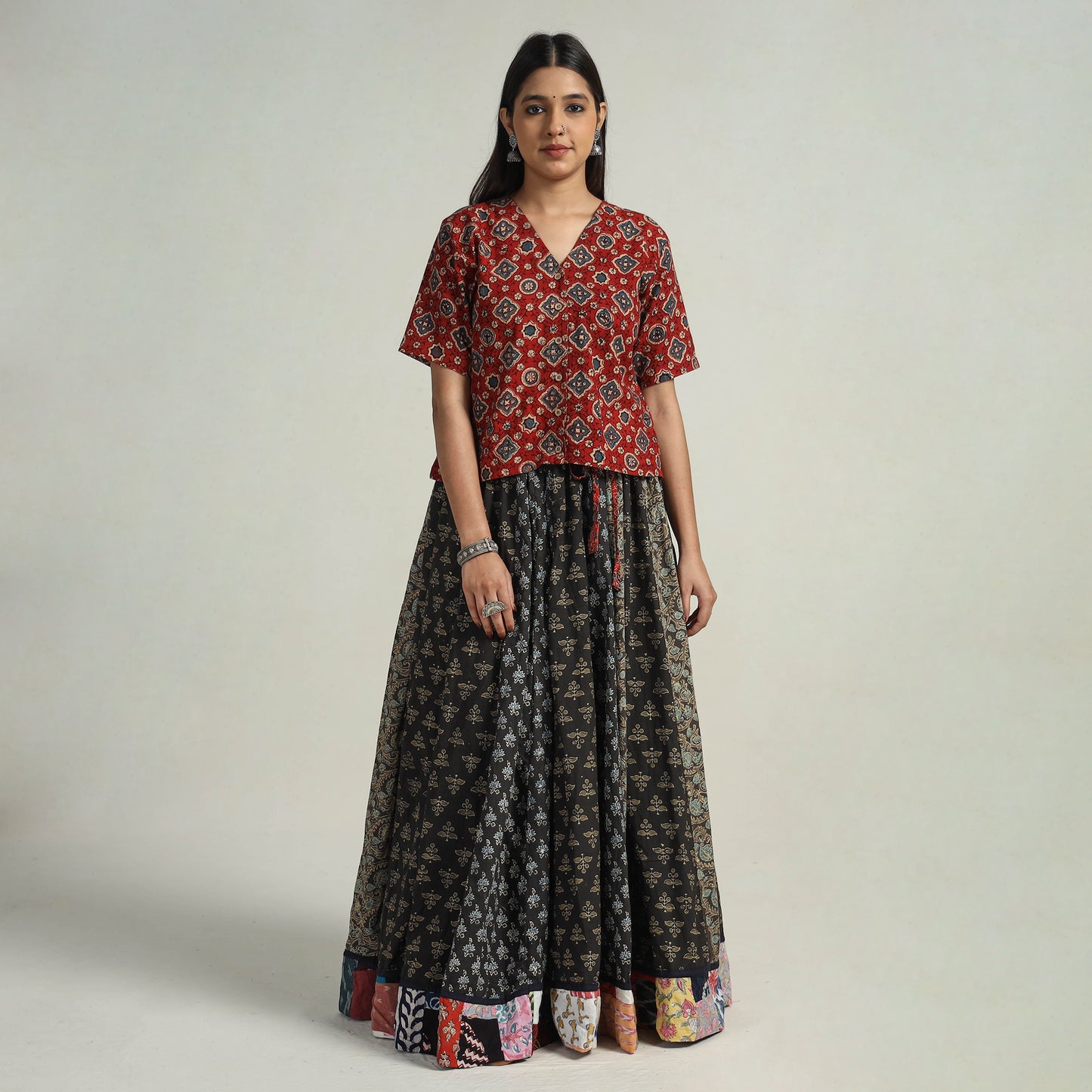 Multicolor - Kutch Block Printed 24 Kali Cotton Long Skirt 15