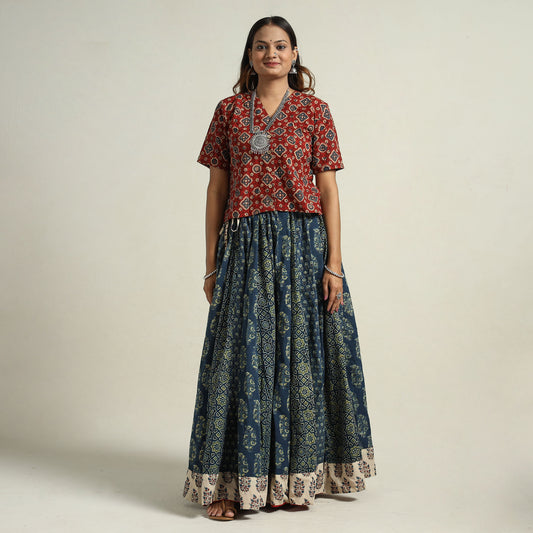 Blue - Ajrakh Block Printed 24 Kali Patchwork Cotton Long Skirt 01