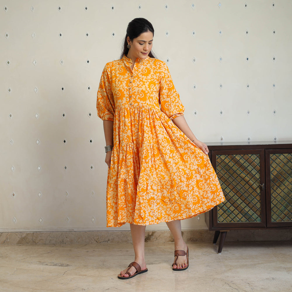 Orange - Pure Cotton Tiered Batik Print Dress 08