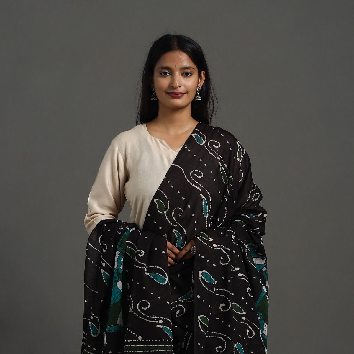  Black Cotton Hand Batik Print Dupatta