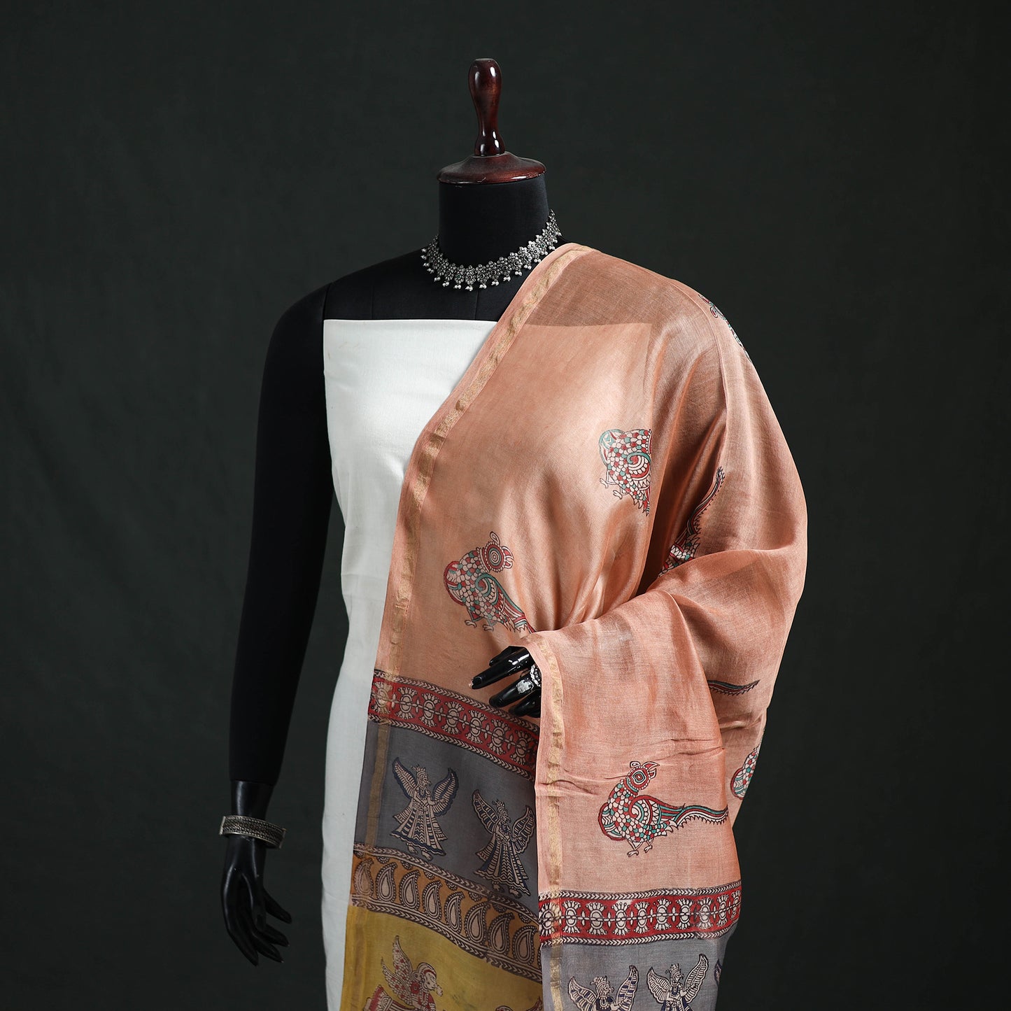 Peach - Mata Ni Pachedi Handpainted Natural Dyed Chanderi Silk Handloom Dupatta 12