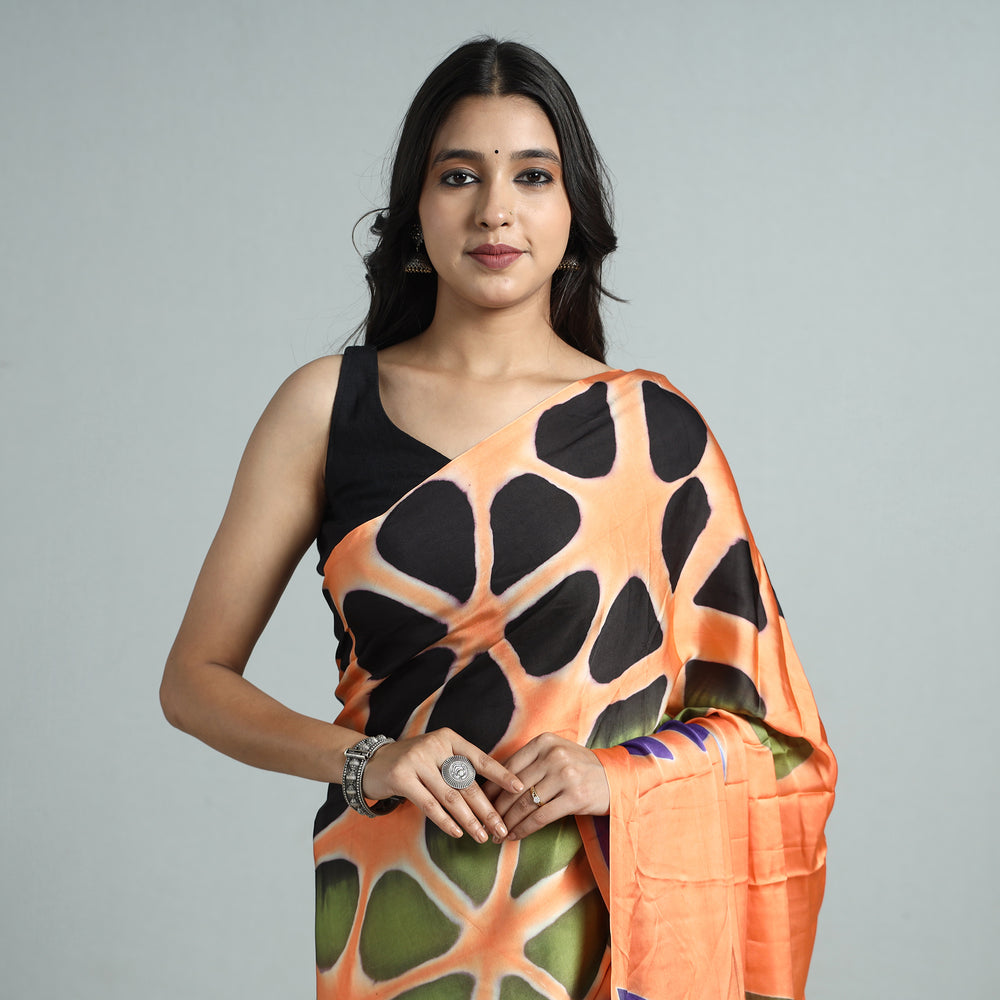 Orange - Shibori Clamp Dyed Modal Silk Saree with Zari Border 02